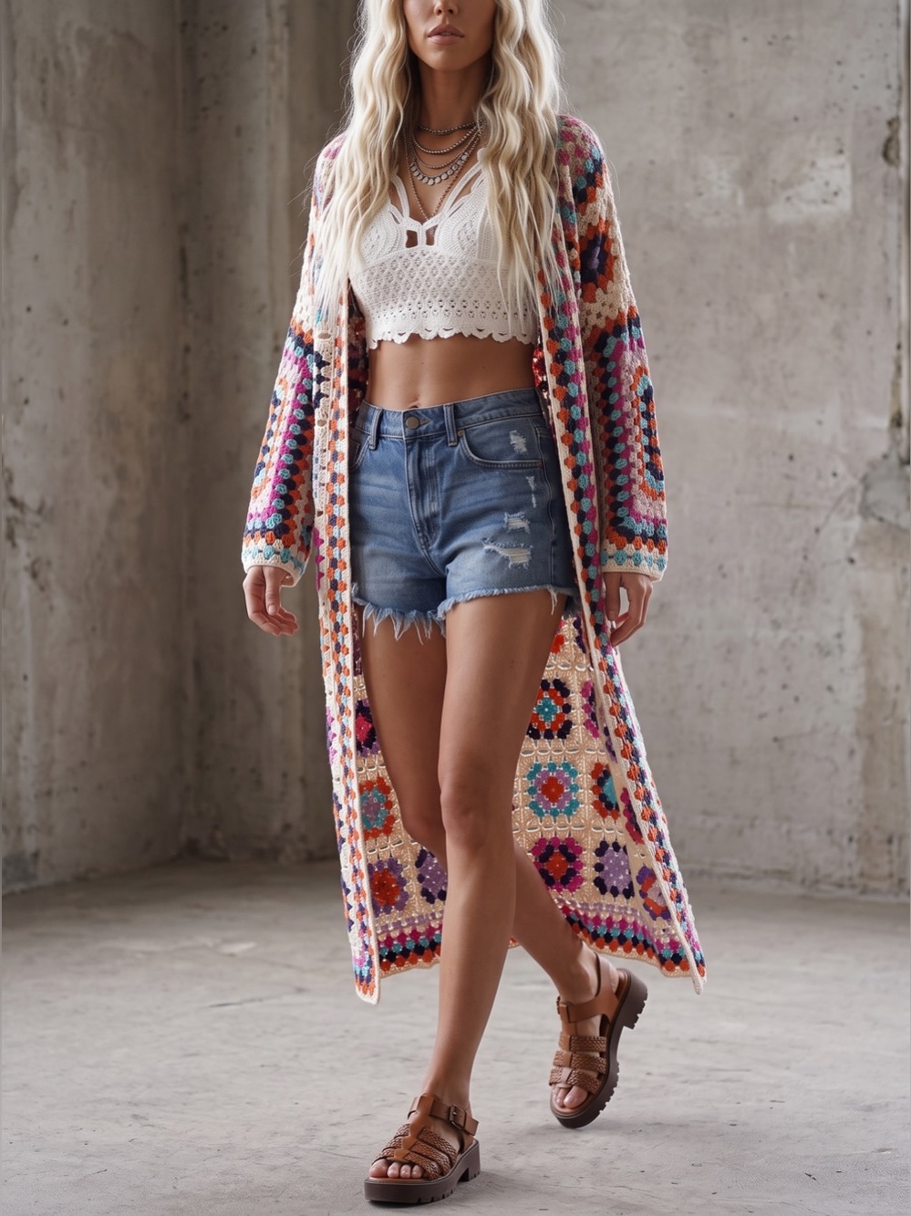 NWT POL Granny Tile Crochet Multi Colored Knit Long Duster Cardigan Sweater - Picture 5 of 8